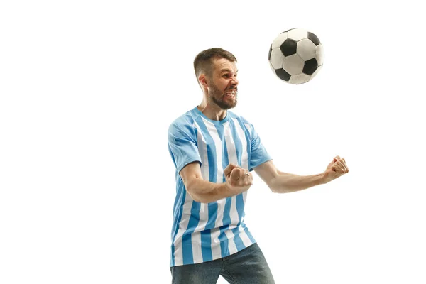 Der argentinische Fußballfan feiert auf weißem Hintergrund — Stockfoto