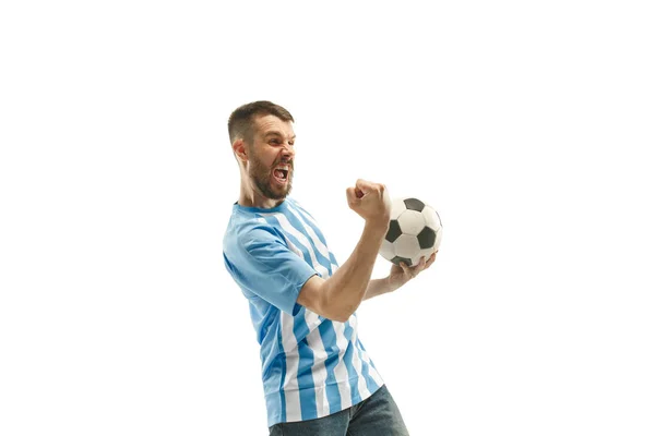 O torcedor de futebol argentino que celebra no fundo branco — Fotografia de Stock