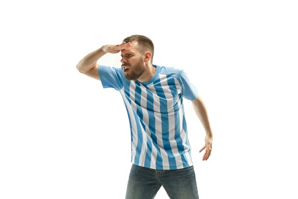 O torcedor argentino infeliz e triste em fundo branco — Fotografia de Stock