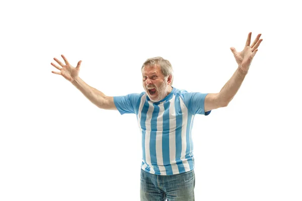 The Argentinean soccer fan celebrating on white background — Stock Photo, Image