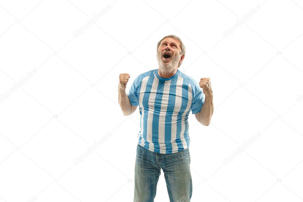 The unhappy and sad Argentinean fan on white background