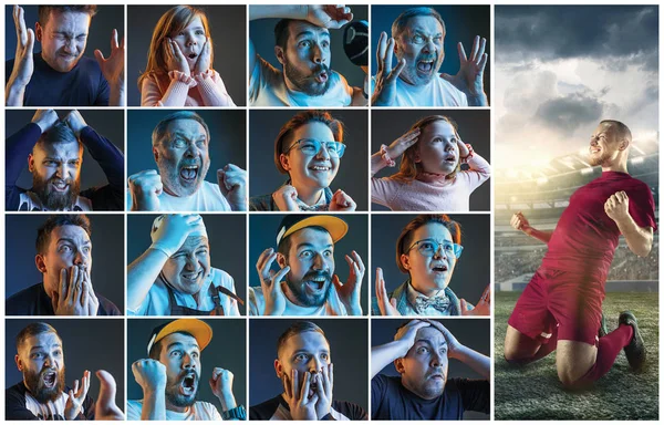 Collage sobre las emociones de los aficionados al fútbol viendo fútbol en la televisión —  Fotos de Stock