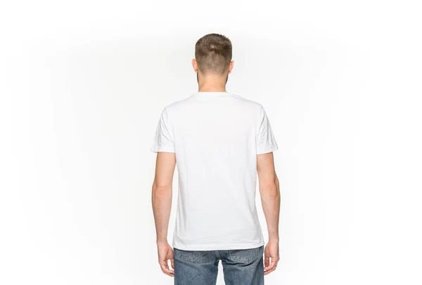 Closeup of young mans body in empty white t-shirt isolated on white background. Mock up for disign concept — Stock Photo, Image