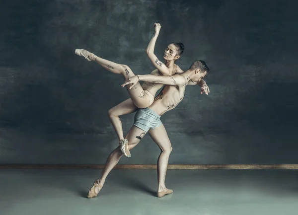 Moderní mladé baletky pózuje na šedé studio pozadí — Stock fotografie