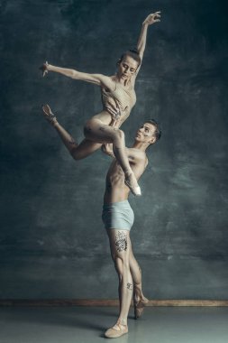 The young modern ballet dancers posing on gray studio background clipart