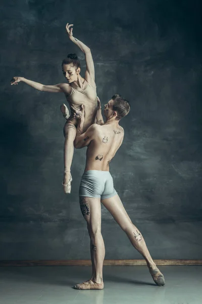 Молоді сучасні танцюристи балету позують на сірому фоні студії — стокове фото