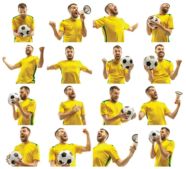 Brasilianischer Fan feiert auf weißem Hintergrund — Stockfoto