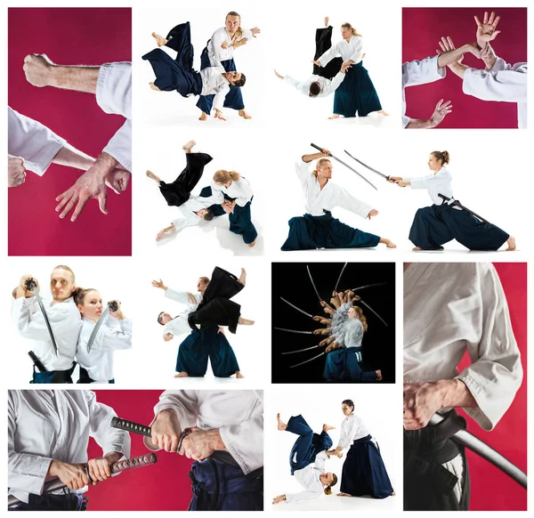 De män och kvinnor som kämpar på Aikido träning i kampsport skolan. Hälsosam livsstil och sport koncept. — Stockfoto