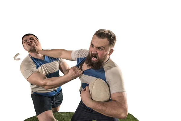 La silhouette de deux joueurs de rugby caucasiens isolés sur fond blanc — Photo