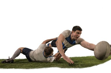 Beyaz arka plan üzerinde izole iki beyaz rugby erkek oyuncusu silüeti