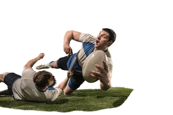 A silhueta de dois jogadores de rugby caucasianos isolados em fundo branco — Fotografia de Stock