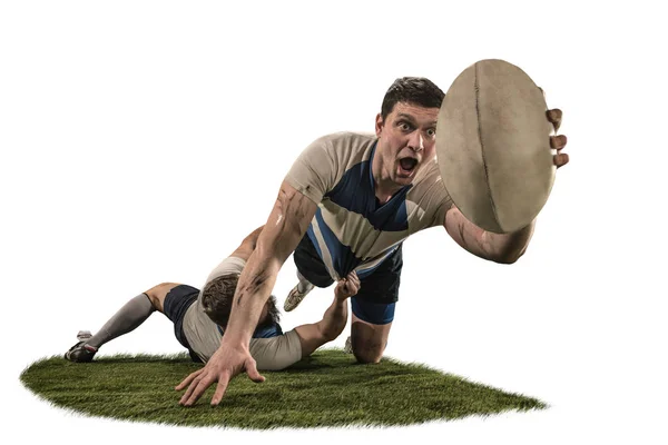 Beyaz arka plan üzerinde izole iki beyaz rugby erkek oyuncusu silüeti — Stok fotoğraf
