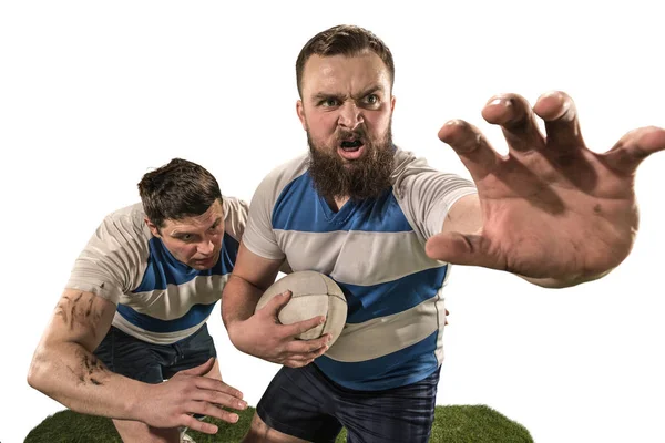 La silhouette de deux joueurs de rugby caucasiens isolés sur fond blanc — Photo