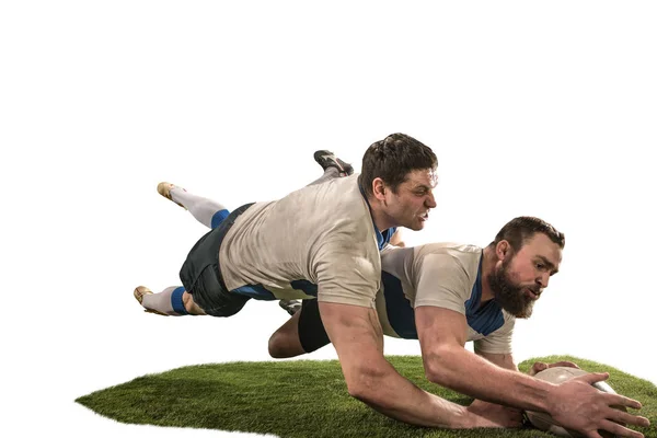Beyaz arka plan üzerinde izole iki beyaz rugby erkek oyuncusu silüeti — Stok fotoğraf