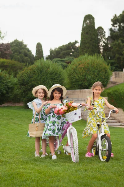 Hermosas niñas montando en bicicleta a través del parque. Naturaleza, estilo de vida — Foto de Stock