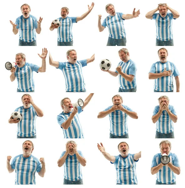 O torcedor de futebol argentino que celebra no fundo branco — Fotografia de Stock