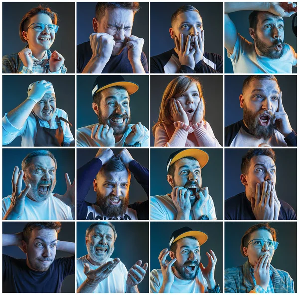 Collage over emoties van de ventilators van de voetbal kijken naar voetbal op tv — Stockfoto
