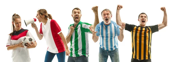 お友達やサッカーを見て 勝利を祝ってのフットボールのファンの感情についてのコラージュします スポーツやエンターテイメントの概念 — ストック写真