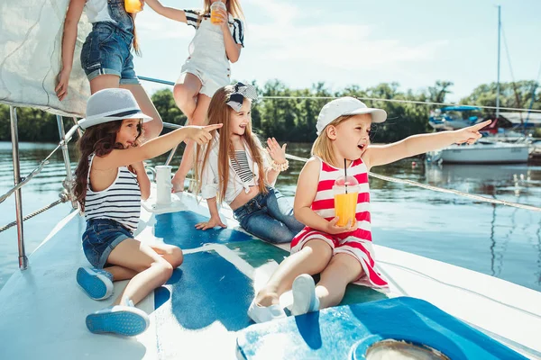 Children Board Sea Yacht Drinking Orange Juice Teen Child Girls — Stock Photo, Image