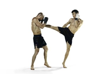 MMA. İki profesyonel boksörler boks beyaz stüdyo özgeçmişlerine izole. Uygun kas beyaz sporcu mücadele birkaç. Spor, rekabet, heyecan ve insan duyguları kavramı