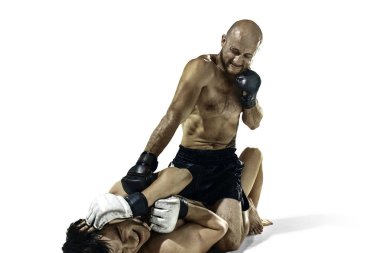 Beyaz stüdyo arka plan üzerinde iki profesyonel boksör boks izole