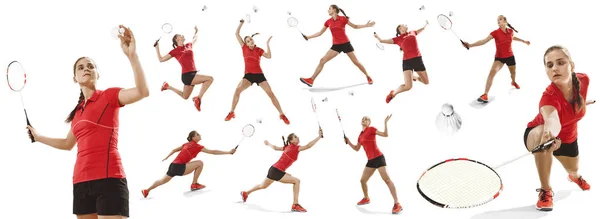 Young woman playing badminton over white background — Stock Photo, Image