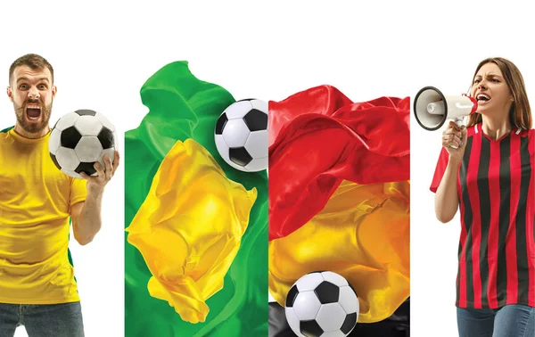 Колаж про емоції футбольних фанів Бразилії та Бельгії команди і прапорів ізольовані на білому тлі — стокове фото