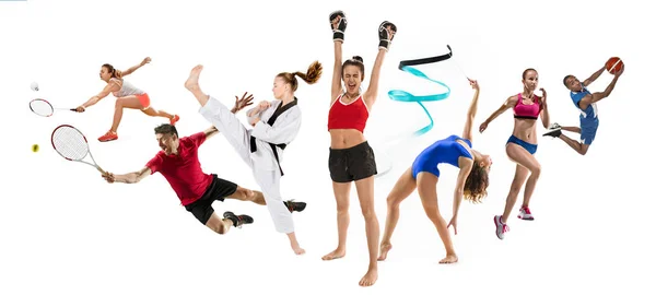 Sport collage om kickboxning, basket, badminton, taekwondo, tennis, friidrott, rytmisk gymnastik, springa och hoppa i höjd — Stockfoto