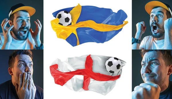 El collage sobre las emociones de los aficionados al fútbol de Inglaterra y Suecia rebosa y banderas aisladas sobre fondo blanco —  Fotos de Stock