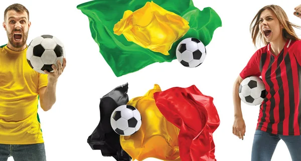 Koláž o emocích fotbalových fanoušků z Brazílie a Belgie teems a příznaky izolované na bílém pozadí — Stock fotografie