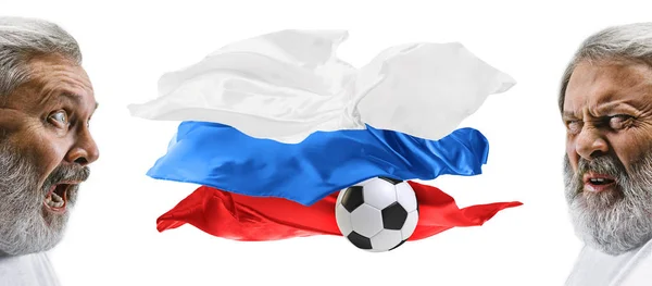 Die Collage über die Emotionen der russischen Fußballfans wimmelt nur so von Fahnen auf weißem Hintergrund — Stockfoto