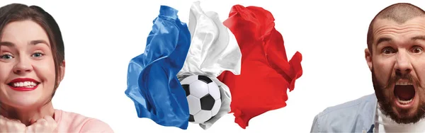 Το κολάζ σχετικά με τα συναισθήματα των οπαδών ποδοσφαίρου της Γαλλίας γεμάτα και σημαία που απομονώνονται σε λευκό φόντο — Φωτογραφία Αρχείου