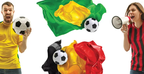 A colagem sobre as emoções dos torcedores de futebol do Brasil e da Bélgica se entrelaça e bandeiras isoladas em fundo branco — Fotografia de Stock