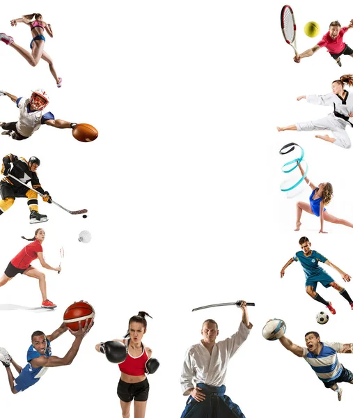 Collage deportivo sobre kickboxing, fútbol, fútbol americano, baloncesto, hockey sobre hielo, bádminton, taekwondo, tenis, rugby — Foto de Stock