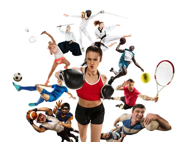 Collage sportivo su kickboxing, calcio, football americano, basket, badminton, taekwondo, tennis, rugby — Foto Stock