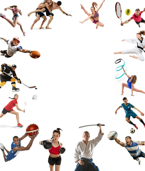 Collage deportivo sobre kickboxing, fútbol, fútbol americano, baloncesto, hockey sobre hielo, bádminton, taekwondo, tenis, rugby —  Fotos de Stock