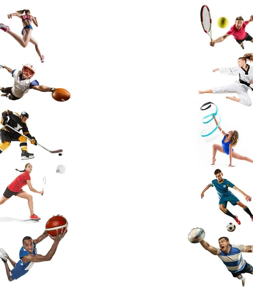 Collage sportivo su kickboxing, calcio, football americano, basket, hockey su ghiaccio, badminton, taekwondo, tennis, rugby — Foto Stock