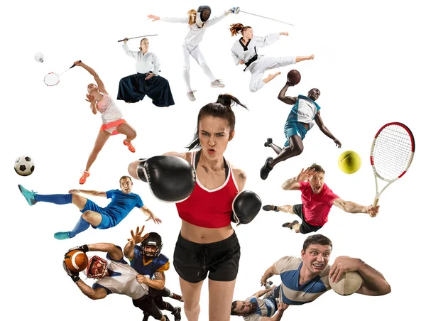 Collage deportivo sobre kickboxing, fútbol, fútbol americano, baloncesto, bádminton, taekwondo, tenis, rugby — Foto de Stock