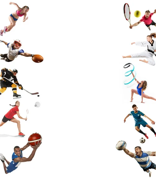 Collage deportivo sobre kickboxing, fútbol, fútbol americano, baloncesto, hockey sobre hielo, bádminton, taekwondo, tenis, rugby —  Fotos de Stock