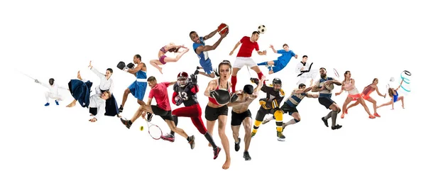 Colagem esportiva sobre kickboxing, futebol, futebol americano, basquete, hóquei no gelo, badminton, taekwondo, tênis, rugby — Fotografia de Stock