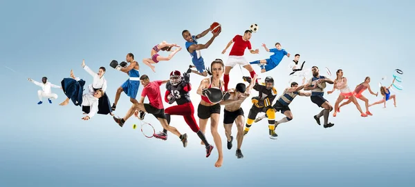 Collage sportivo su kickboxing, calcio, football americano, basket, hockey su ghiaccio, badminton, taekwondo, tennis, rugby — Foto Stock