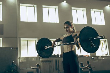 Uygun genç kadın bir spor salonunda egzersiz barbell kaldırma