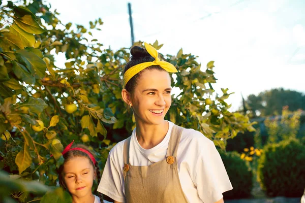 La familia joven feliz durante la recolección de manzanas en un jardín al aire libre — Foto de Stock