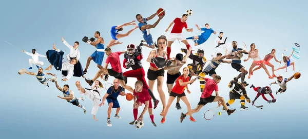 Спортивный коллаж о кикбоксинге, футболе, американском футболе, баскетболе, хоккее, бадминтоне, тхэквондо, теннисе, регби — стоковое фото