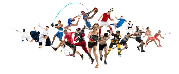 Colagem esportiva sobre kickboxing, futebol, futebol americano, basquete, hóquei no gelo, badminton, taekwondo, tênis, rugby — Fotografia de Stock