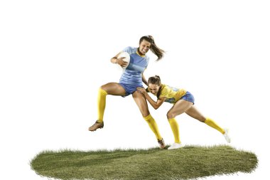 Beyaz artalanları izole genç kadın rugby oyuncuları