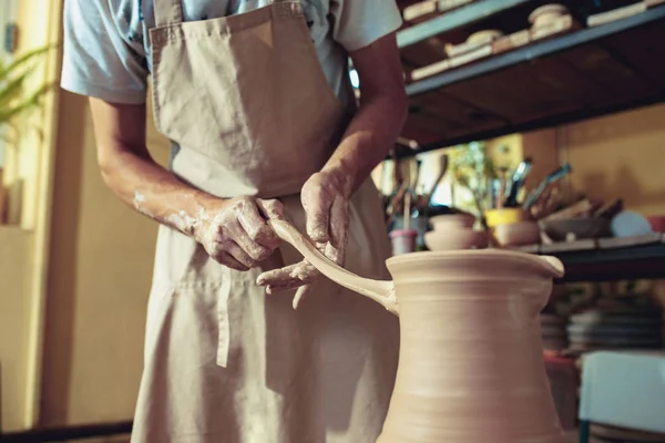 Creating Jar Vase White Clay Close Master Crock Man Hands — Stock Photo, Image