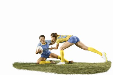 Beyaz artalanları izole genç kadın rugby oyuncuları