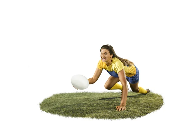 Il giovane giocatore di rugby femminile isolato su sfondo bianco — Foto Stock