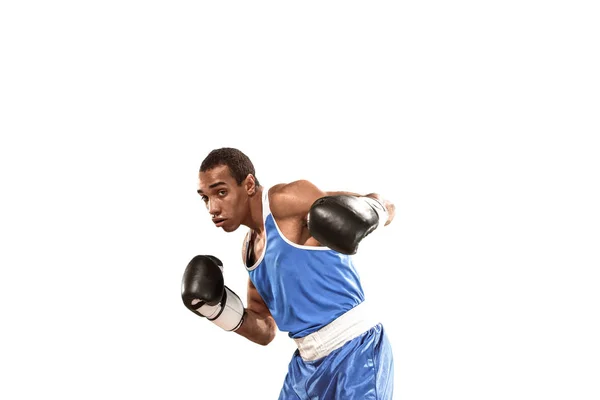 Sporty man during boxing exercise. Photo of boxer on white background — Stock Photo, Image